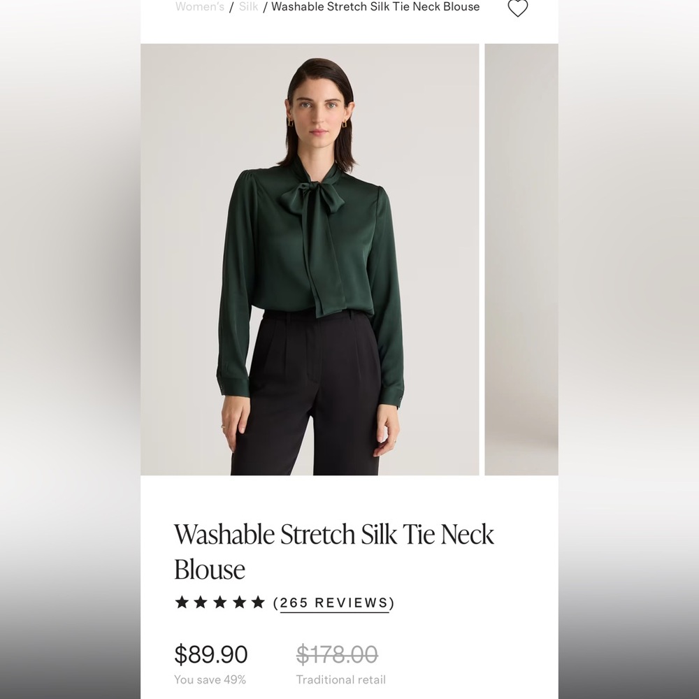 Quince Washable Stretch Silk Tie Neck Blouse small new